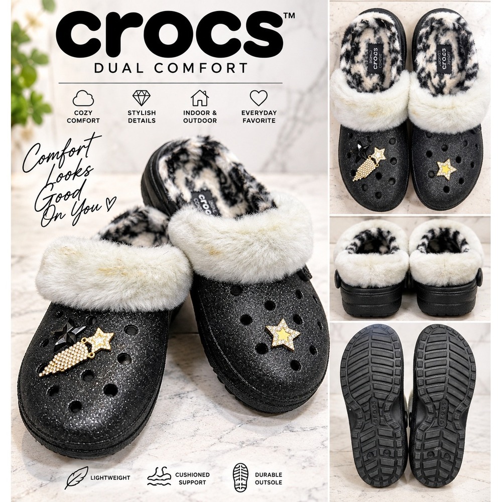 Crocs Dual Comfort Black Glitter Faux Fur Lined Clogs Star Jibbitz Womens M9 W11